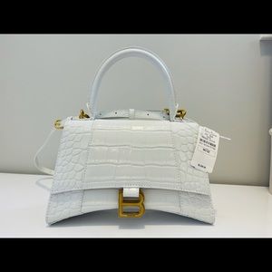 Balenciaga hour glass small-croc embossed top-handled bag white